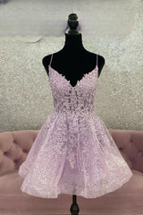 Boho Wedding, Lilac A-line Sequined Appliques Straps V Neck Homecoming Dress