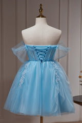 Bridesmaide Dresses Long, Blue Off The Shoulder Beading Appliques Tulle Short Homecoming Dresses