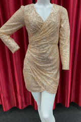 Homecoming Dresses Simple, Champagne Sequin Long Sleeve Short Party Dress