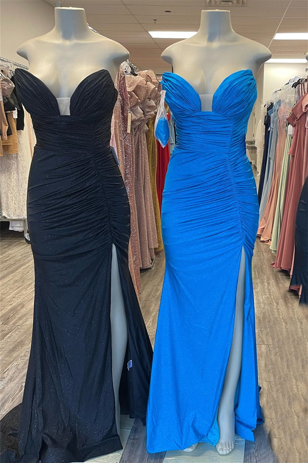 Prom Dress Purple, Black & Blue Jay Strapless Mermaid Pleated Long Prom Dress with Slit