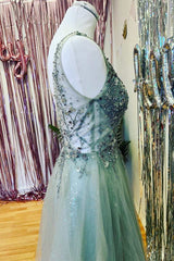 Bridesmaides Dresses Blue, Mint Green Beaded V-Neck Backless A-Line Prom Dress
