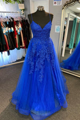 Evening Dresses With Sleeves, Royal Blue Appliques Deep V Neck Lace-Up A-line Tulle Long Prom Dress