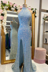 Prom Dress Designs, Blue Sequin Halter Long Formal Dress with Slit