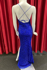 Evening Dresses Vintage, Royal Blue Lace-Up Sequins Mermaid Long Prom Dress with Slit