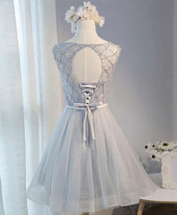 Party Dress Europe, Gray Tulle Beads Short Prom Dress, Gray Homecoming Dress