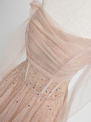 Girlie Dress, Champagne Pink Tulle Beads Long Prom Dress, Champagne Evening Dress