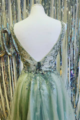 Bridesmaid Dress Blue, Mint Green Beaded V-Neck Backless A-Line Prom Dress