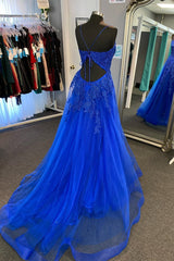 Evening Dress Stunning, Royal Blue Appliques Deep V Neck Lace-Up A-line Tulle Long Prom Dress