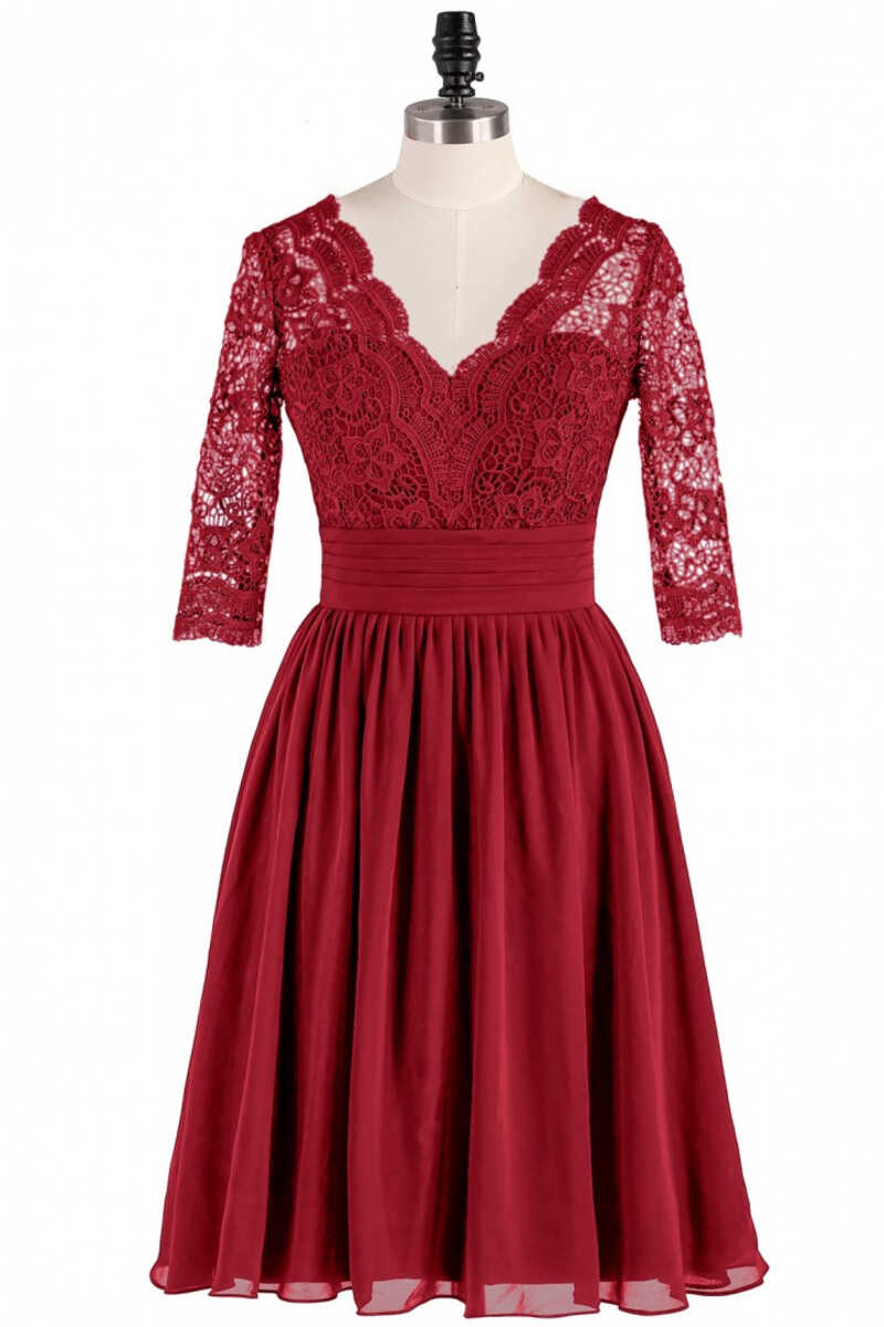 Homecoming Dresses Pretty, Red Lace V-Neck Backless Short Bridesmaid Dress