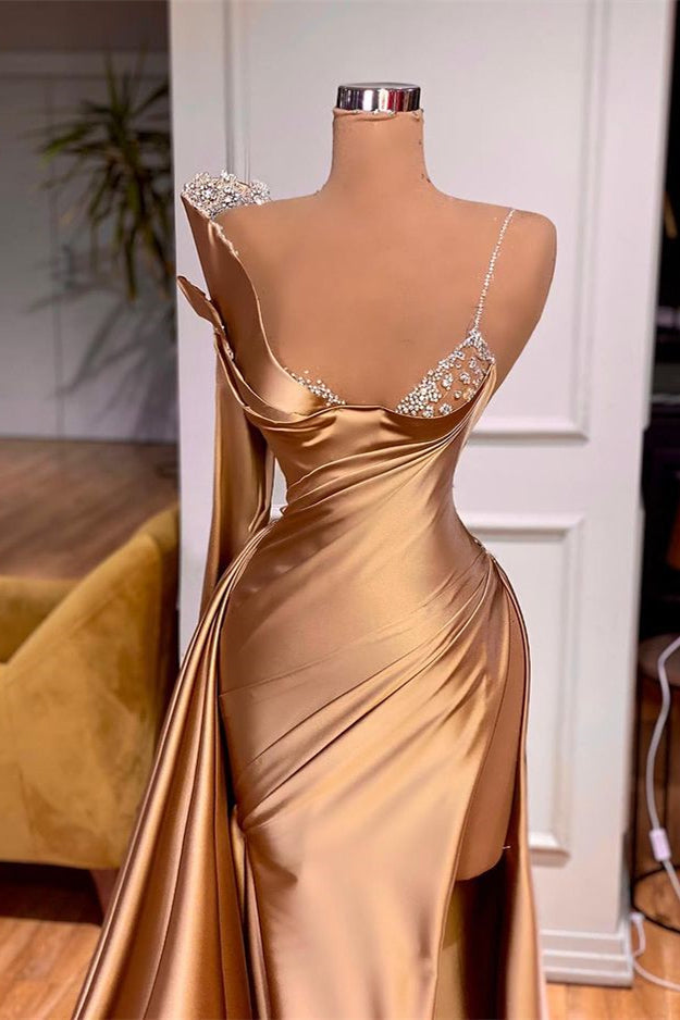 Evening Dresses Long Elegant, One Shoulder Long Sleeves Mermaid Prom Dress Split With Beads