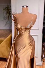 Evening Dresses Long Elegant, One Shoulder Long Sleeves Mermaid Prom Dress Split With Beads