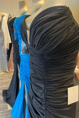 Prom Dresses Long Mermaid, Black & Blue Jay Strapless Mermaid Pleated Long Prom Dress with Slit
