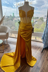 Bridesmaid Dresses Floral, Yellow Beaded Mermaid Satin Deep V Neck Long Prom Dress with Slit