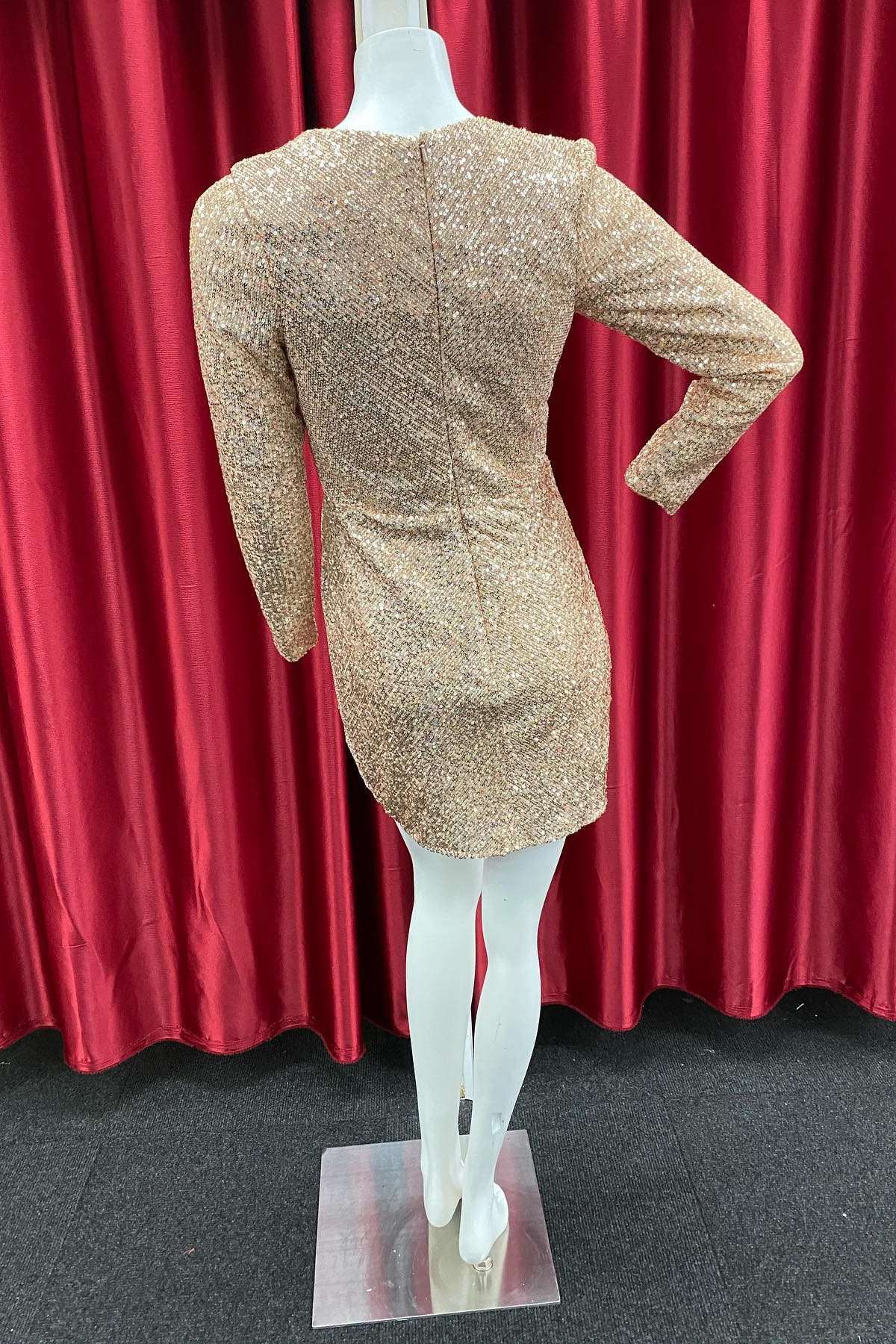 Homecoming Dress Boutiques, Champagne Sequin Long Sleeve Short Party Dress