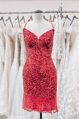 Homecoming Dress 2037, Red Lace-Up Sequins Sheath V Neck Homecoming Dress with Tassels