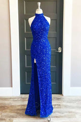 Prom Dresses Designs, Blue Sequin Halter Long Formal Dress with Slit
