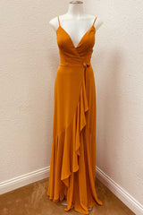 Formal Dresses Corset, Rust V-Neck Spaghetti Straps Ruffled Long Bridesmaid Dress