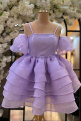 Party Dresses Wedding, Lavender Cold Shoulder Straps Puff Sleeves Layers Homecoming Dress