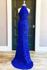 Prom Dresses Designers, Blue Sequin Halter Long Formal Dress with Slit