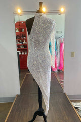 Party Dress Australia, Iridescent White Sequin Halter One-Sleeve High-Low Cocktail Dress