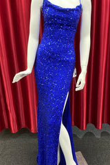 Evenning Dresses Short, Royal Blue Lace-Up Sequins Mermaid Long Prom Dress with Slit