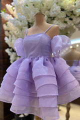 Party Dresses Weddings, Lavender Cold Shoulder Straps Puff Sleeves Layers Homecoming Dress