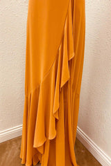 Formal Dresses Cocktail, Rust V-Neck Spaghetti Straps Ruffled Long Bridesmaid Dress