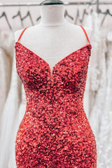 Homecoming Dresses Aesthetic, Red Lace-Up Sequins Sheath V Neck Homecoming Dress with Tassels