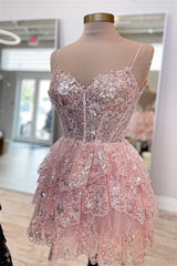 Prom Dresses Elegent, Pink Straps Sequined Multi-Layers Tulle Homecoming Dress