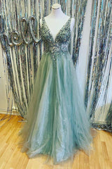 Bridesmaids Dresses With Sleeves, Mint Green Beaded V-Neck Backless A-Line Prom Dress