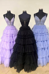 Prom Dress Shiny, Black Layers Plunging V A-line Floral Long Prom Dress