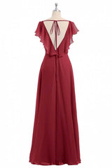 Bridesmaid Dress Peach, Wine Red Chiffon Backless Ruffled Sleeve Long Bridesmaid Dress