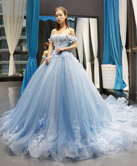 Bridesmaid Dress Champagne, Blue Off Shoulder Tulle Lace Long Prom Gown Blue Evening Dress