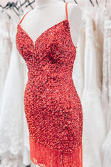 Homecoming Dress Classy Elegant, Red Lace-Up Sequins Sheath V Neck Homecoming Dress with Tassels