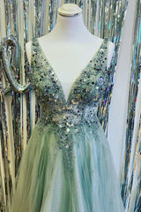 Bridesmaids Dresses Blue, Mint Green Beaded V-Neck Backless A-Line Prom Dress