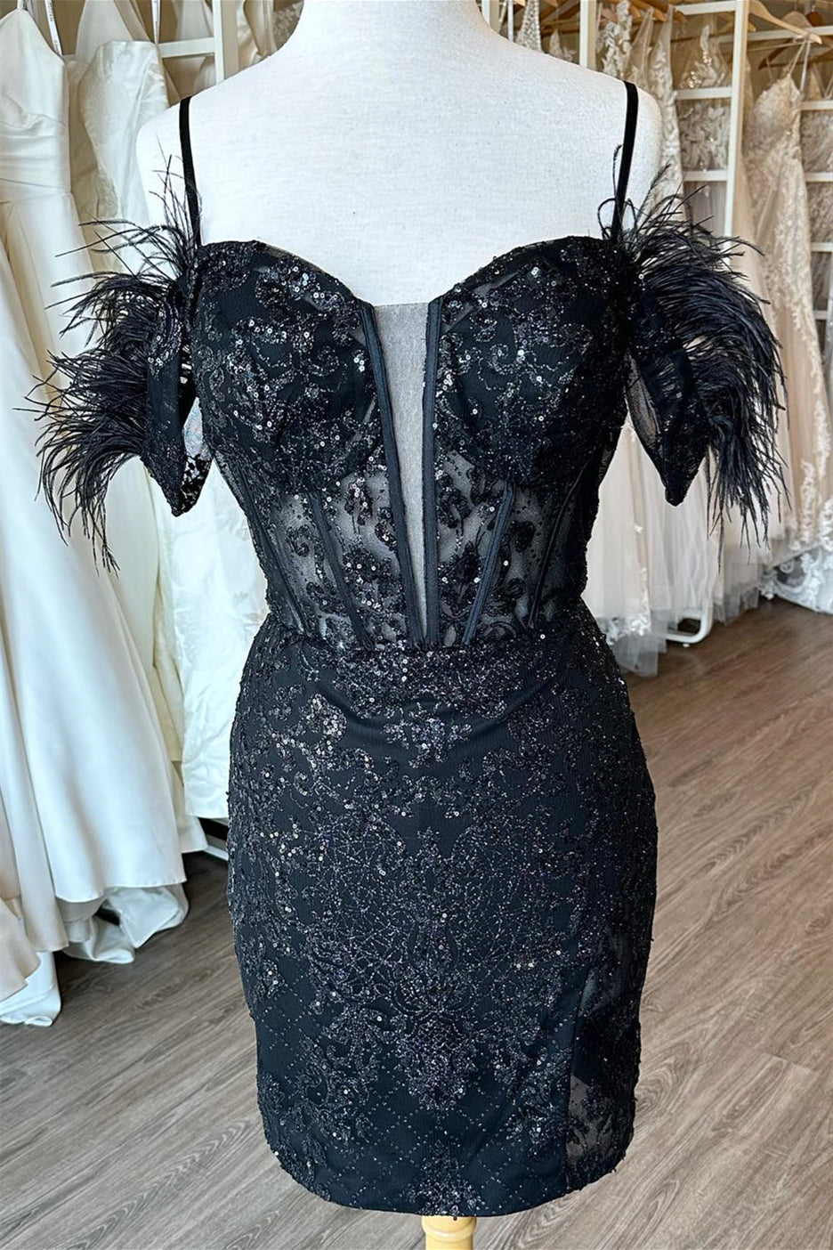 Prom Dresses Suits Ideas, Black Off-the-Shoulder Sequined Embroidery Sheath Homecoming Dress with Feathers