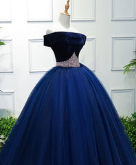 Party Dress In White, Dark Blue Tulle Off Shoulder Long Prom Dress, Blue Sweet 16 Dress