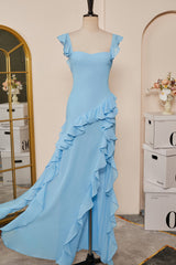Flower Dress, Light Blue Flaunt Sleeves Mermaid Ruffled Long Bridesmaid Dress with Slit