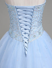 Bridesmaid Dresses Inspiration, Light Blue Ball Gown Floor Length Sweetheart Strapless Sleevless Beading Prom Dresses
