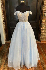 Party Dress Modest, Sparkle Light Blue Off-the-Shoulder A-Line Prom Gown