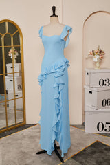 Nice Dress, Light Blue Flaunt Sleeves Mermaid Ruffled Long Bridesmaid Dress with Slit