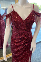 Prom Dress 2038, Wine Red Sequin Fringe Cold-Shoulder Long Prom Dress with Slit