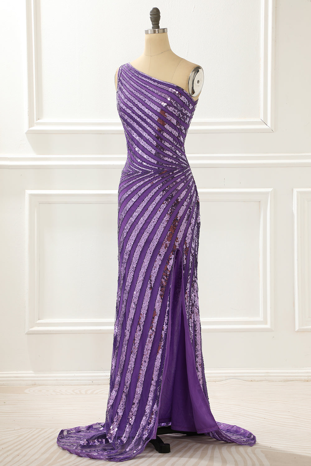 Formal Dress To Attend Wedding, One Shoulder Purple Sequin Prom Dress with Slit
