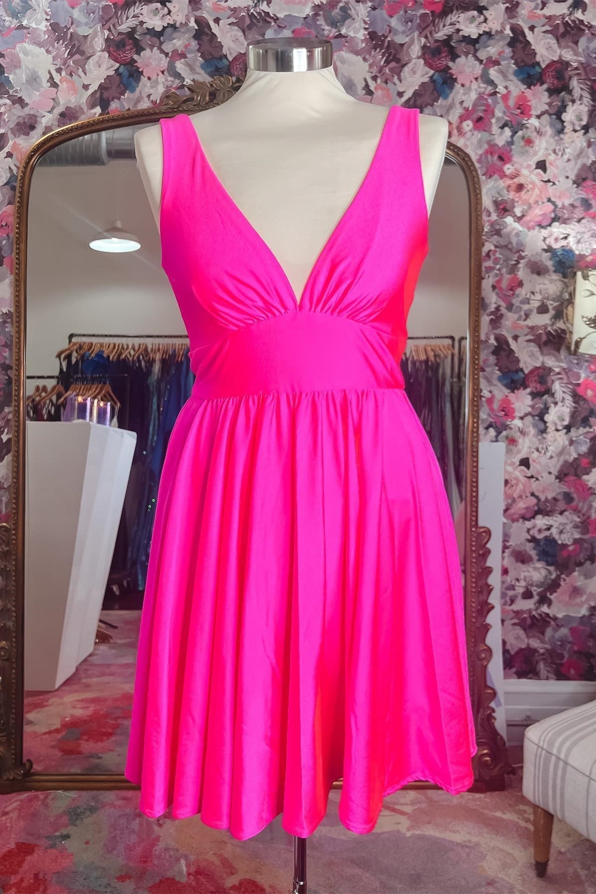 Party Dresses And Jumpsuits, Hot Pink Deep V Neck A-line Satin Homecoming Dress