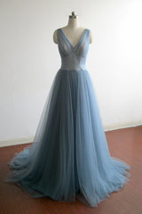 Prom Dresses 2023, Simple gray blue tulle long prom dress, evening dress