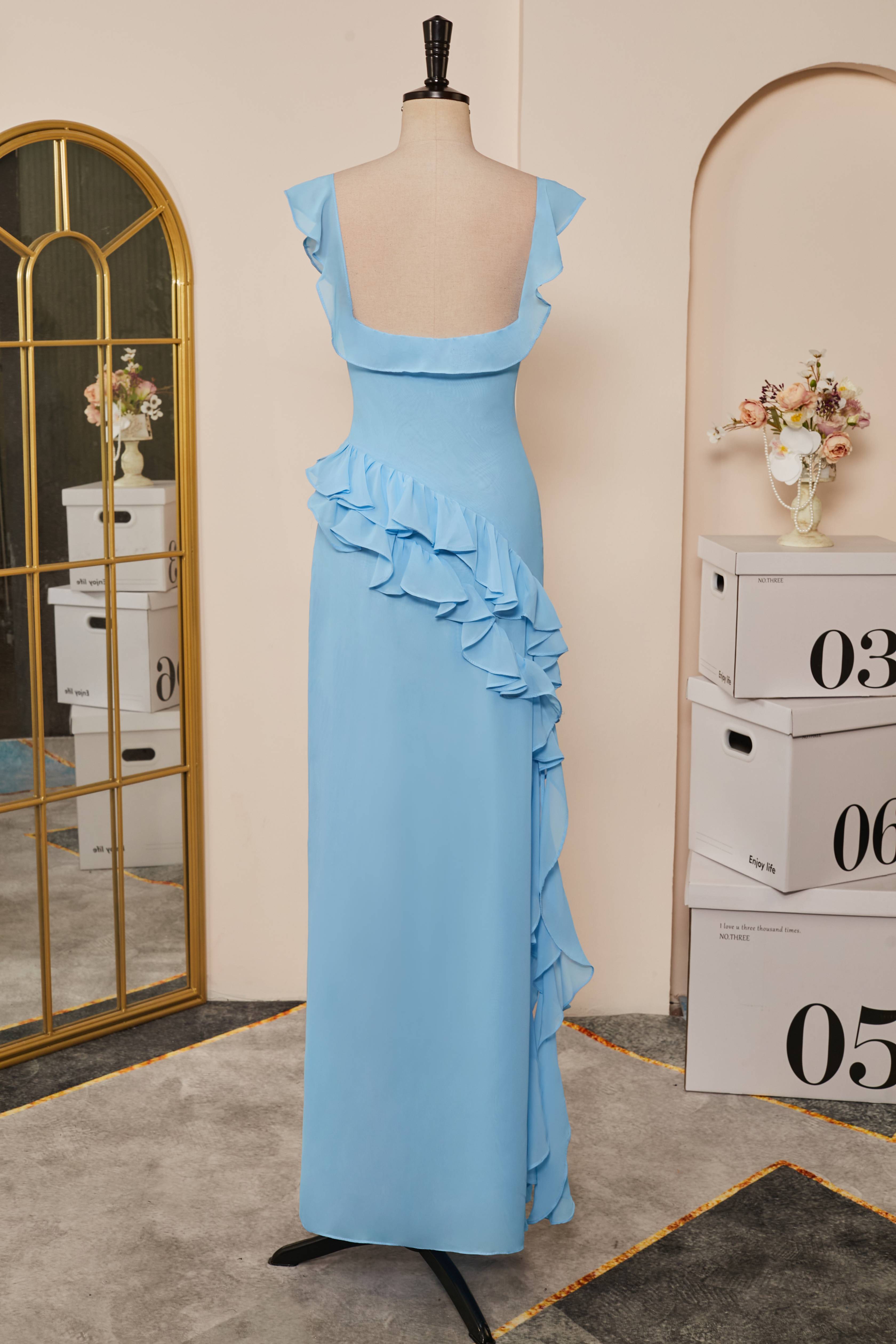 Elegant Wedding, Light Blue Flaunt Sleeves Mermaid Ruffled Long Bridesmaid Dress with Slit