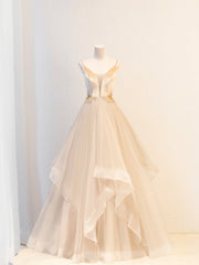 Unique Wedding Ideas, Champagne Velvet and Tulle Long Prom Dress, V-Neck Spaghetti Strap Evening Dress