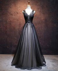 Bridesmaids Dress Red, Black V Neck Tulle Lace Applique Long Prom Dress, Black Evening Dress, 1