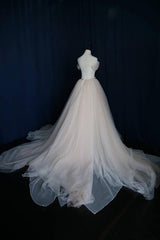Wedding Dress Tulle, Elegant V Neck Off-shoulder Tulle Pleat Sweep Train Wedding Dresses