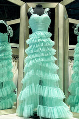 Bridesmaids Dresses Beach Wedding, Mint Green Ruffle Straps A-line Multi-Layers Long Prom Dress